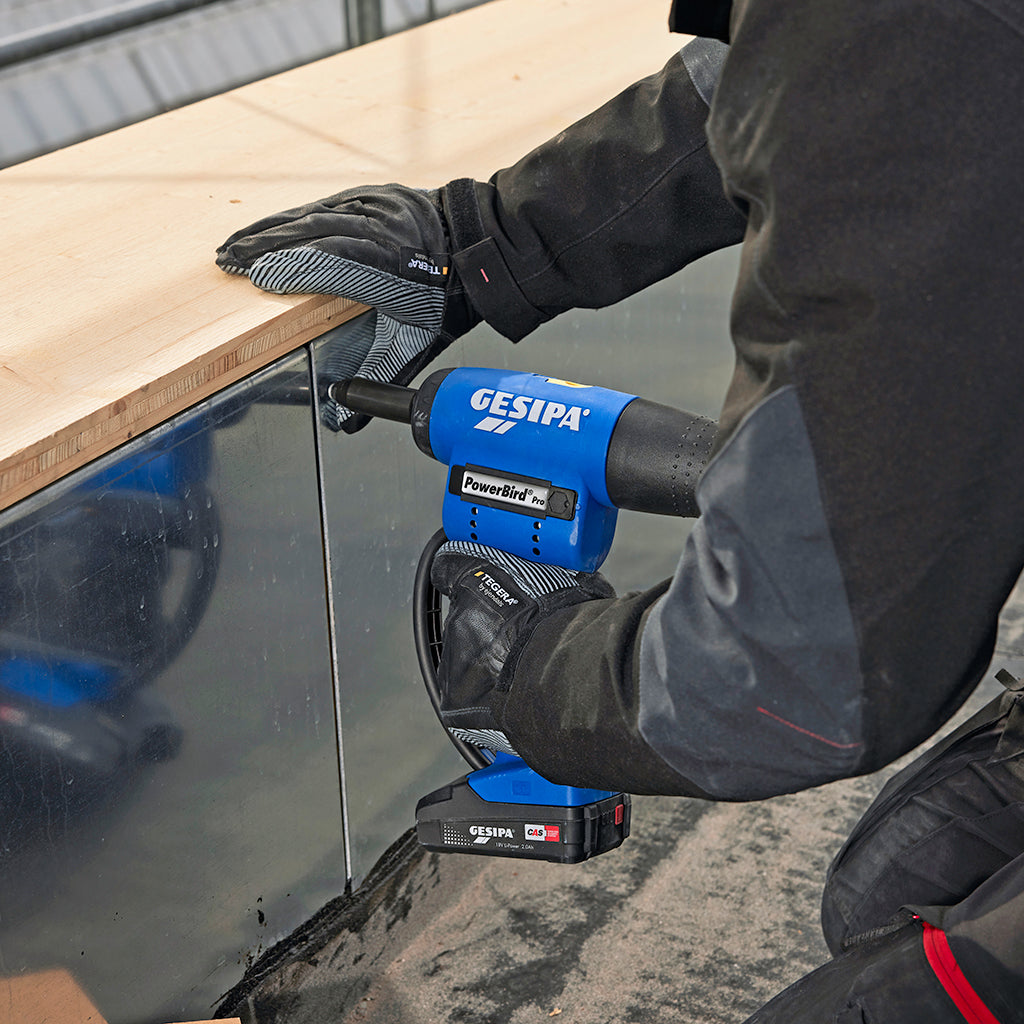 Gesipa Powerbird Pro Gold Cordless Rivet Gun in Action